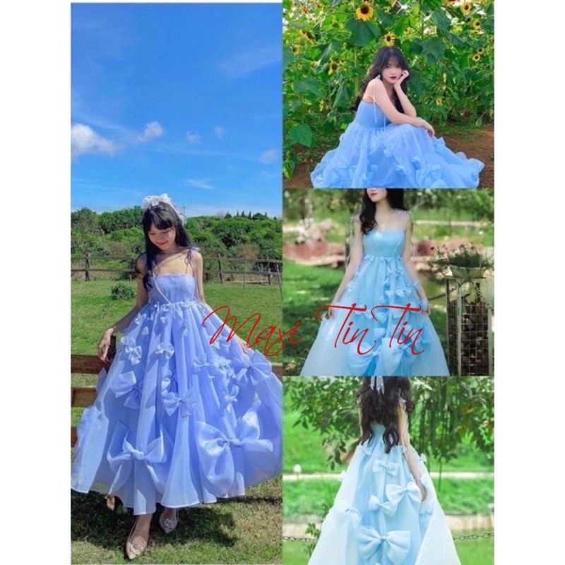 Đầm maxi voan tơ kiếng phồng 2S kết nơ siêu xinh cho các nàng thơ công chúa có BIGSIZE 2XL