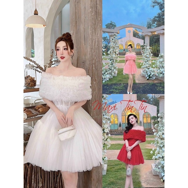 Đầm váy đi tiệc công chúa lưới trễ vai dáng xoè 3 màu phong cách công chúa dễ thương sang chảnh