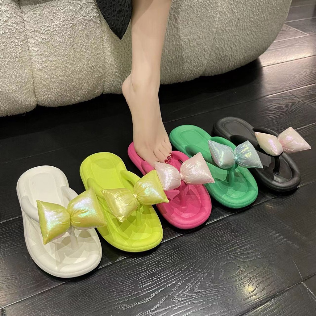 Dép Xỏ Ngón Đế Bằng Chống Trượt Đính Nơ Thời Trang Xuân Hè Thoải Mái