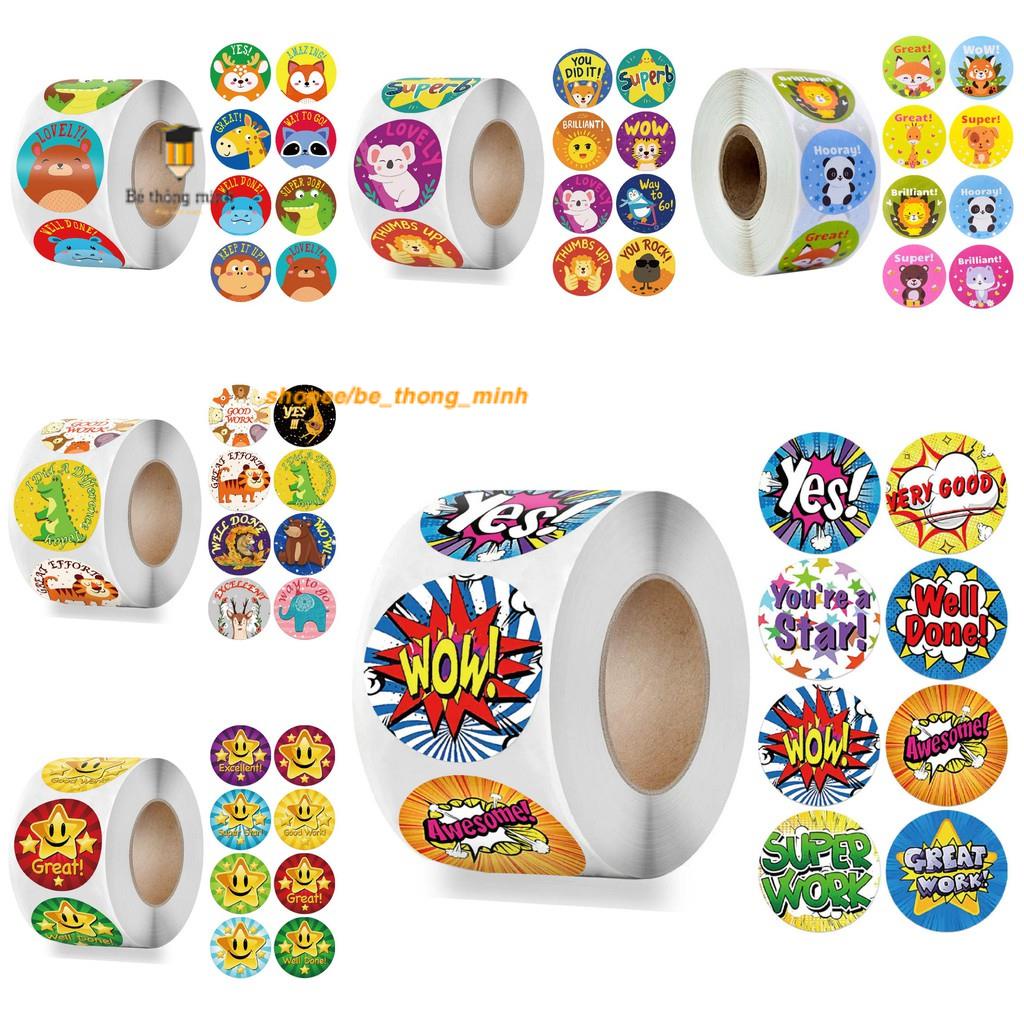 Cuộn Sticker 500 hình dán dễ thương khen thưởng học sinh cho bé