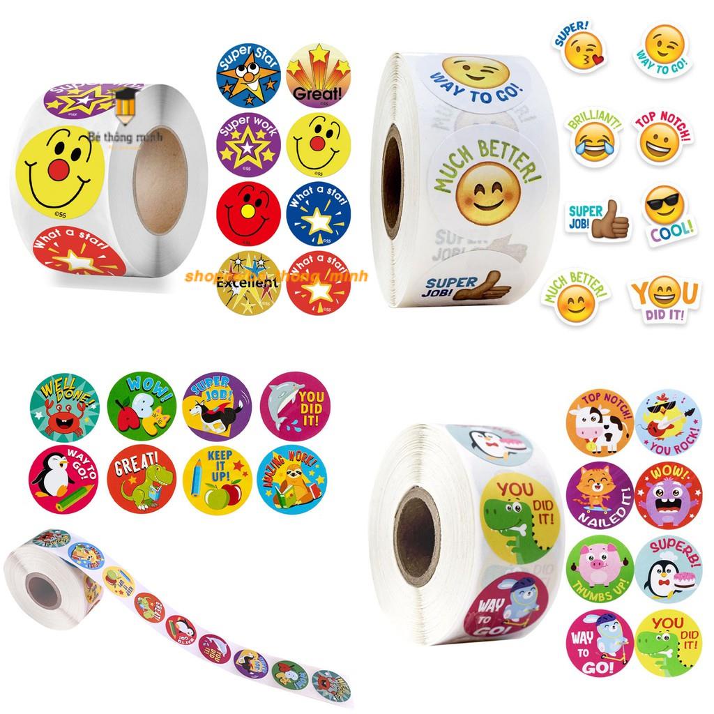 Cuộn Sticker 500 hình dán dễ thương khen thưởng học sinh cho bé