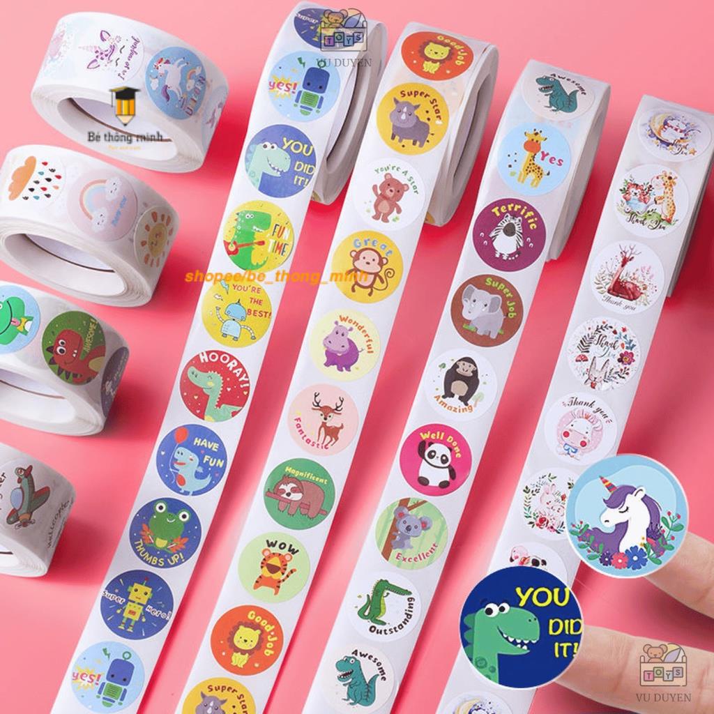 Cuộn Sticker 500 hình dán dễ thương khen thưởng học sinh cho bé
