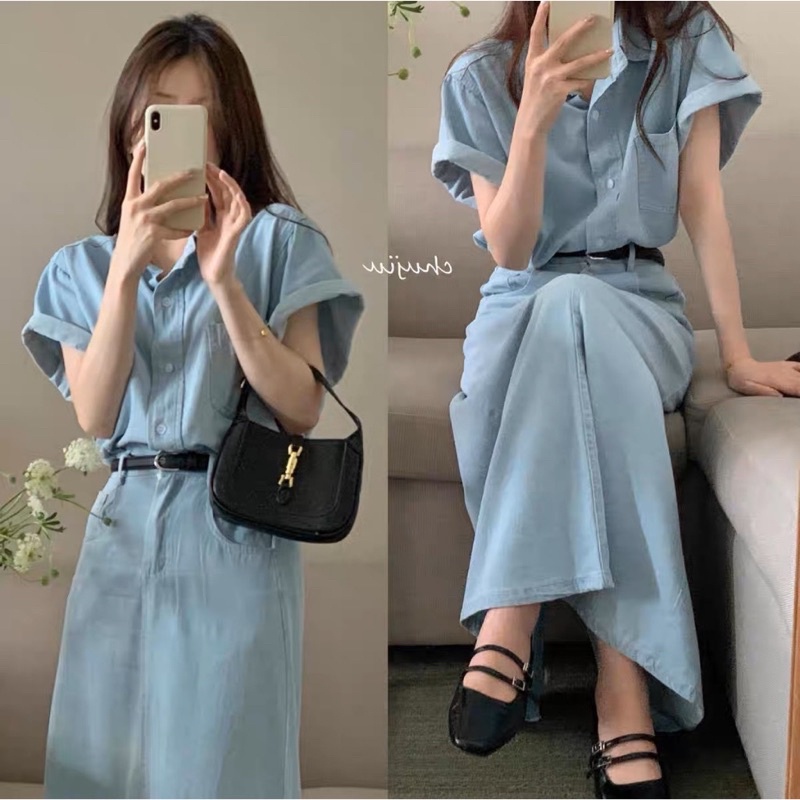 SET ÁO SƠ MI JEAN TAY NGẮN LAI BẦU + QUẦN VÁY MIDI SUÔNG JEAN (KÈM NỊT)