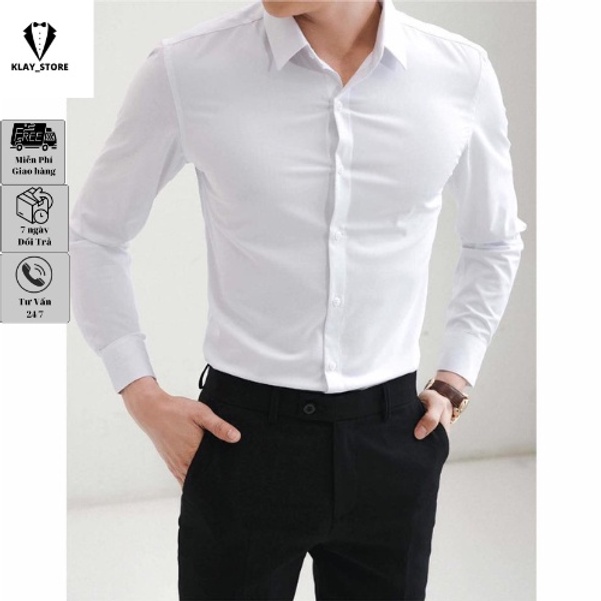 Áo sơ mi trắng nam công sở Hàn Quốc vải lụa chống nhăn cao cấp, áo sơ mi nam slimfit trơn dài tay mặc KLAY