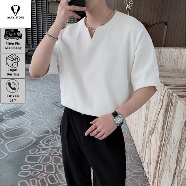 Áo Thun Tay Lỡ Cổ Chữ v Phong Cách Hàn Quốc, Áo Phông Cổ V Cộc Tay Nam Nữ KLAY