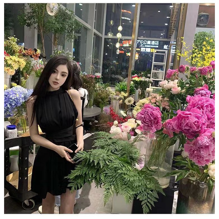 2023 satin high-grade sleeveless dress women's French off-shoulder sexy socialite temperament waist-tied short dress CJJY