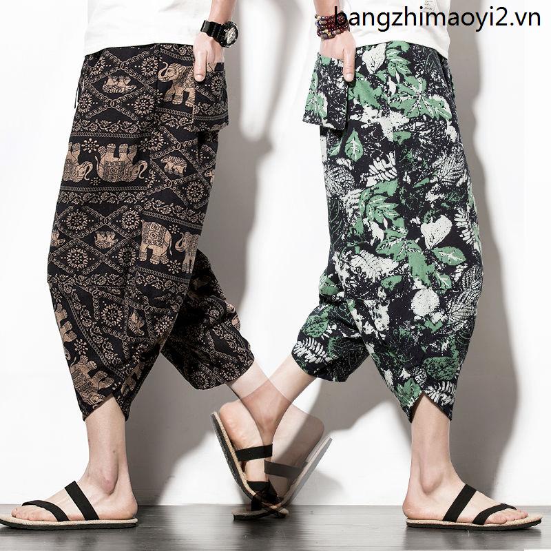 Quần Dài Cotton Lanh Ống Rộng Họa Tiết Voi Thái Lan Thời Trang Cho Nam