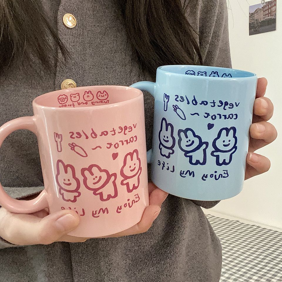 Cốc Uống Nước Cặp Đôi Bằng Sứ Hình Thỏ Màu Xanh Dương Hồng Có Nắp Đậy Dùng Làm Quà Tặng Sinh Nhật