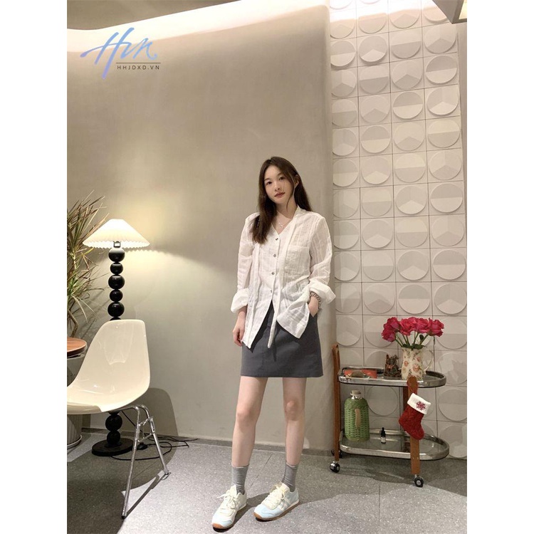 Áo Sơ Mi Cổ V Tay Dài Cột Dây Đơn Giản Thoải Mái Phong Cách Pháp Thời Trang Mùa Hè Mới Cho Nữ