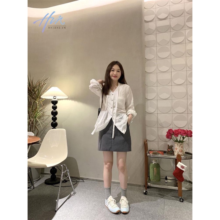 Áo Sơ Mi Cổ V Tay Dài Cột Dây Đơn Giản Thoải Mái Phong Cách Pháp Thời Trang Mùa Hè Mới Cho Nữ