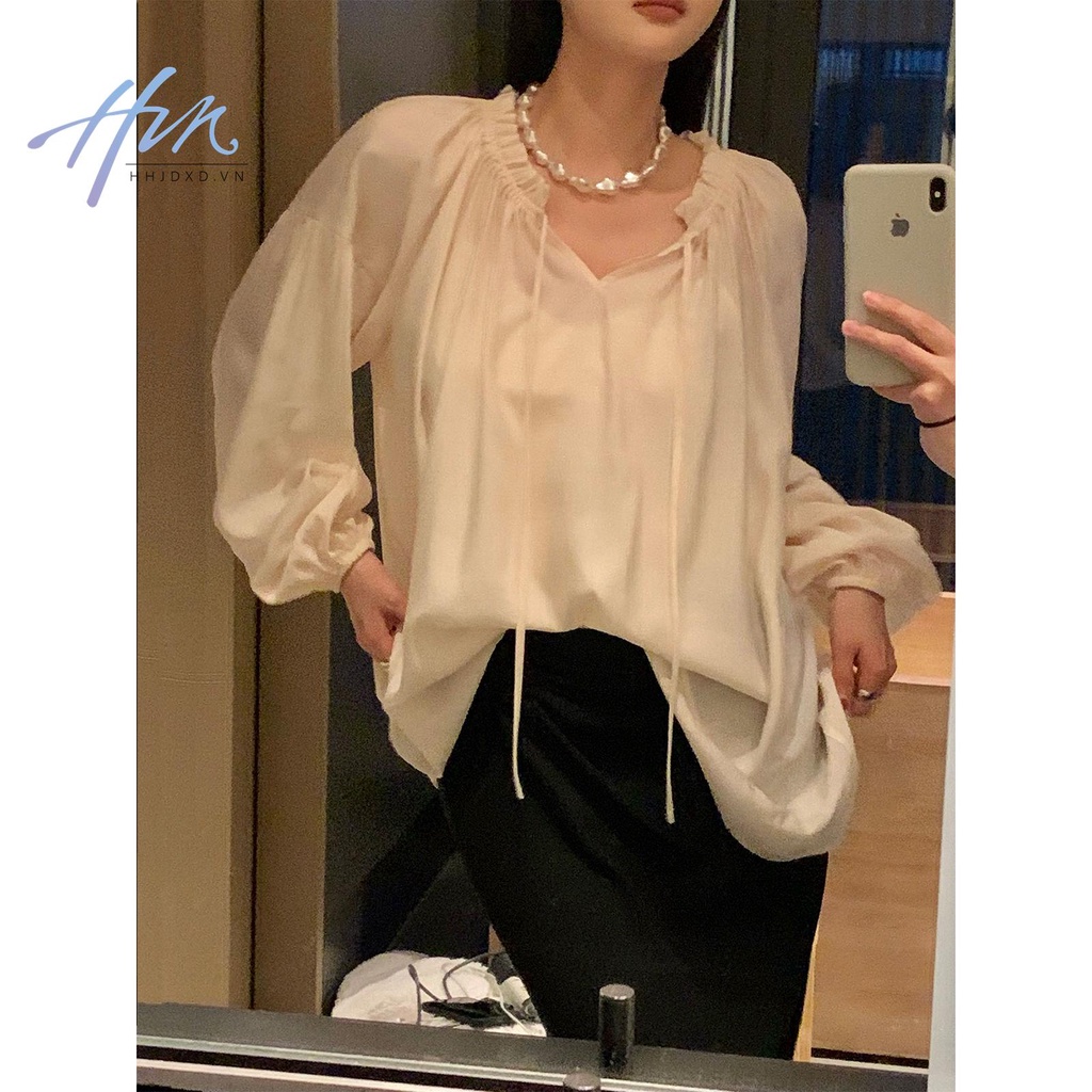 Áo Kiểu Xếp Nếp Trễ Vai Dáng Rộng Nhẹ Nhàng Trong Suốt Chống Nắng Kiểu Pháp Thời Trang Xuân Hè Cho Nữ