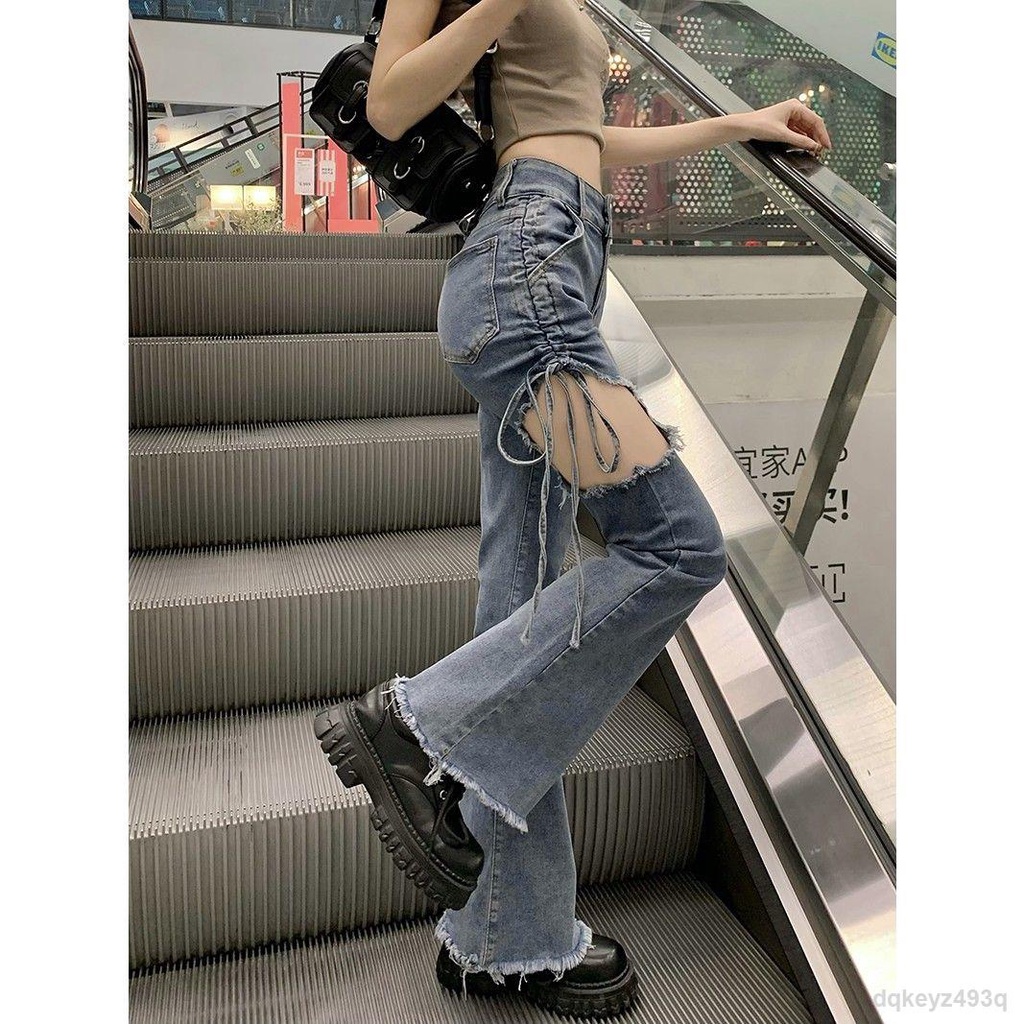 Quần jean denim rách phong cách retro mùa hè nữ mỏng phần dây rút eo cao thiết kế thon gọn hot girl micro quần ống loe