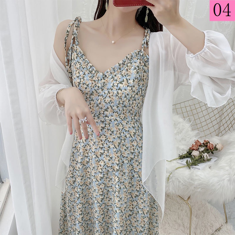 Set Đầm Voan Hoa Hai Dây / Áo Sơ Mi Chống Nắng Phong Cách Retro Pháp