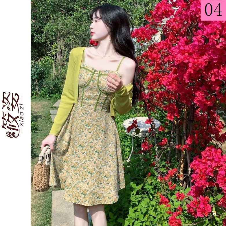 Bộ Áo Khoác Cardigan Dệt Kim + Đầm Hai Dây Nhấn Eo Họa Tiết Hoa Phong Cách Pháp Thời Trang 2023 Mới