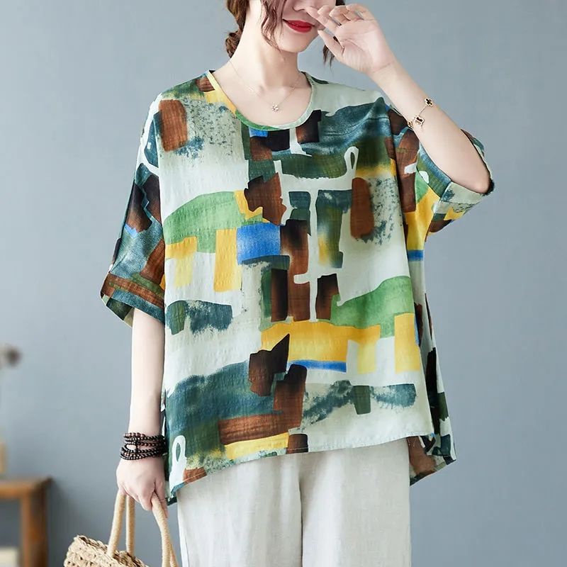 Áo Thun Cotton Lanh Tay Lửng Dáng Rộng In Họa Tiết Trừu Tượng Phong Cách Dân Tộc Thời Trang Mùa Hè Kiểu Mới Dành Cho Bạn Nữ