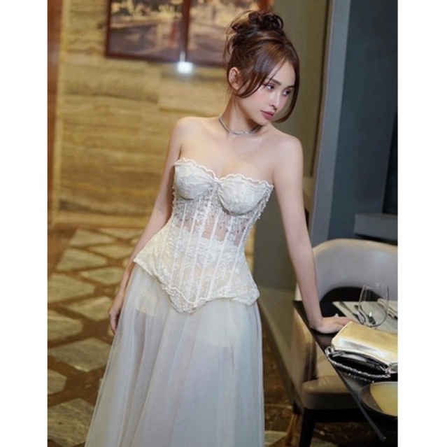 Set Áo Ren Corset Kết Đá Cúp Ngực  Ôm Body+ chân váy xoè công chúa form dài quyến rũ