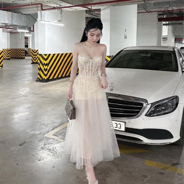 Set Áo Ren Corset Kết Đá Cúp Ngực  Ôm Body+ chân váy xoè công chúa form dài quyến rũ