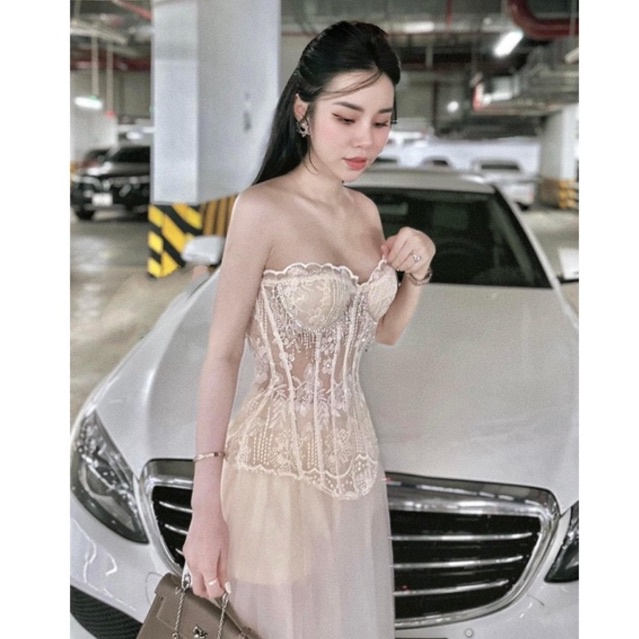 Set Áo Ren Corset Kết Đá Cúp Ngực  Ôm Body+ chân váy xoè công chúa form dài quyến rũ