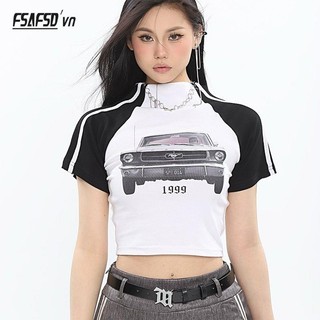 Áo Thun Ngắn Mỏng Vừa Vặn Ghép Màu Tương Phản In Hình Cô Gái Mỹ Ngọt Ngào Cá Tính @