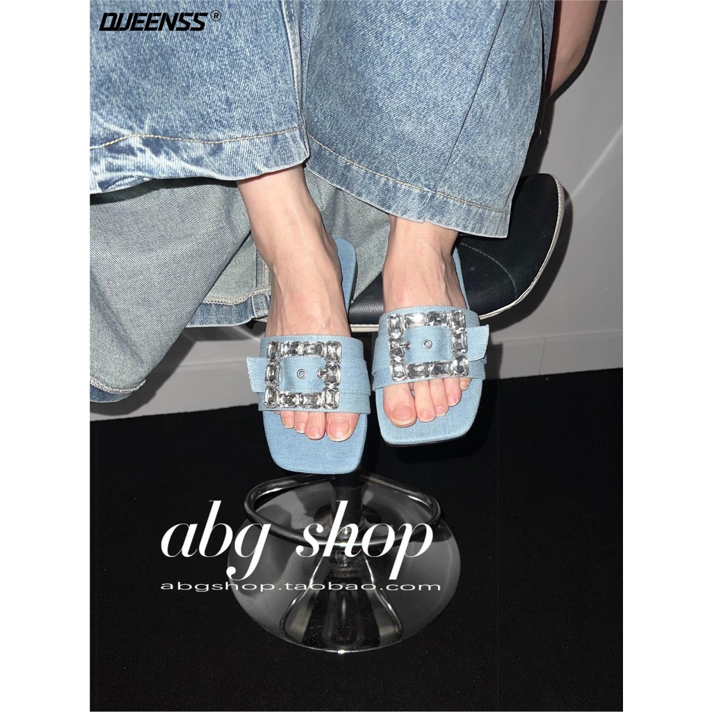 Dép Quai Ngang Denim Đính Đá Lấp Lánh Thời Trang Cho Nữ