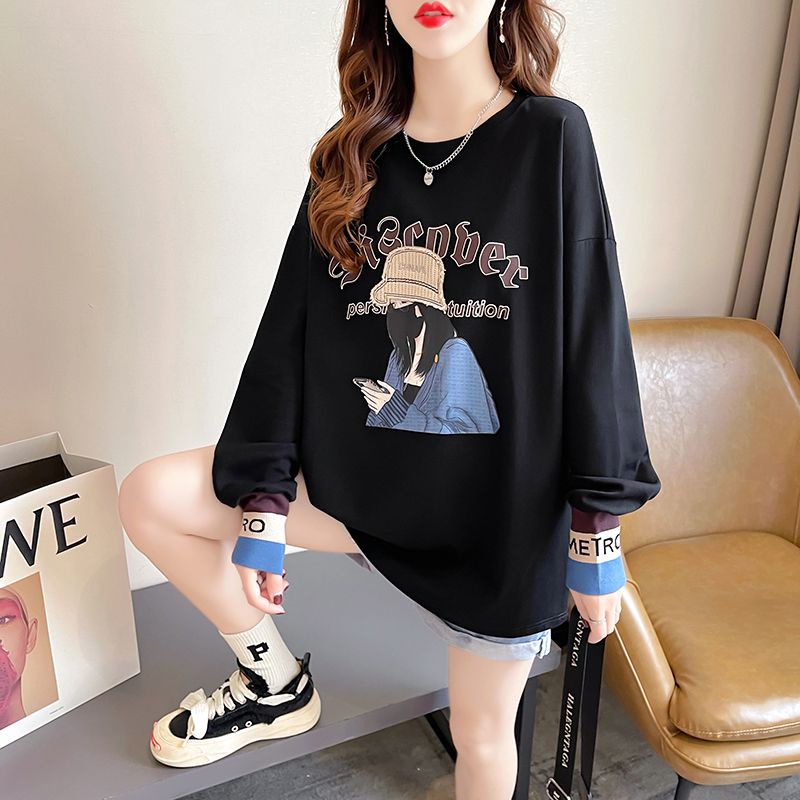Áo Thun Tay Dài Cổ Tròn Chất Nhung Dày Dặn In Họa Tiết Hoạt Hình Thời Trang Thu Đông Cho Nữ
