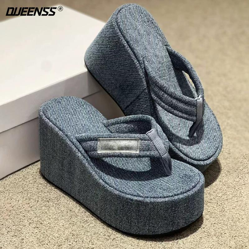 Yi Mengling Giày Denim Đế Xuồng Dày Cao Gót Phong Cách Mùa Hè 2023 Mới