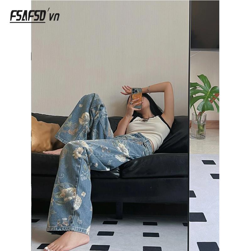 Quần Jean Dài Ống Rộng In Họa Tiết Kiểu Retro Cá Tính Cho Nữ