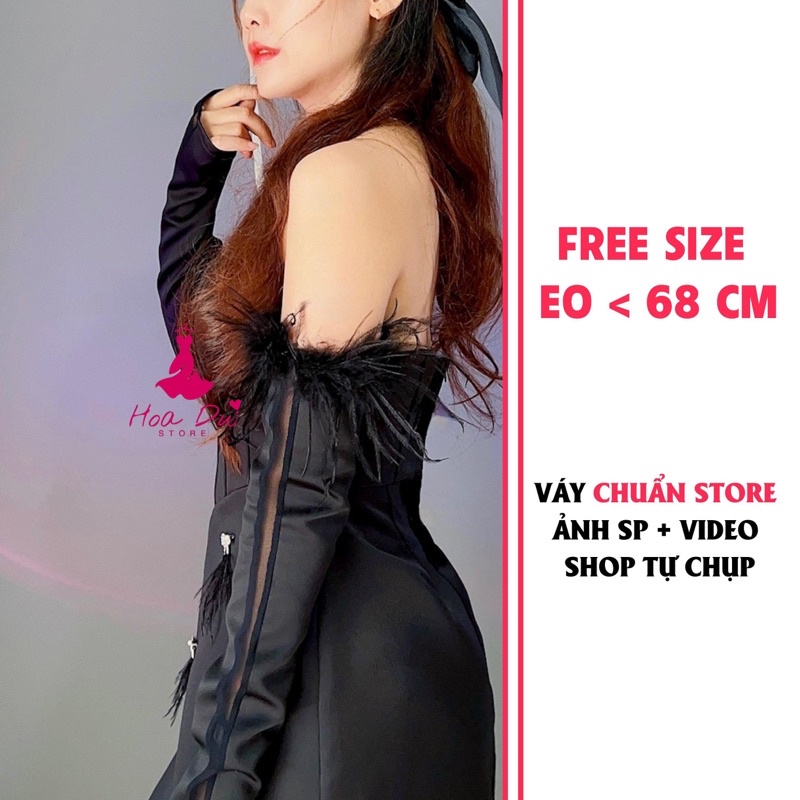 Đầm Corset cúp ngực kết đá tặng bao tay đính lông vũ xoè cho nàng đi tiệc sang chảnh