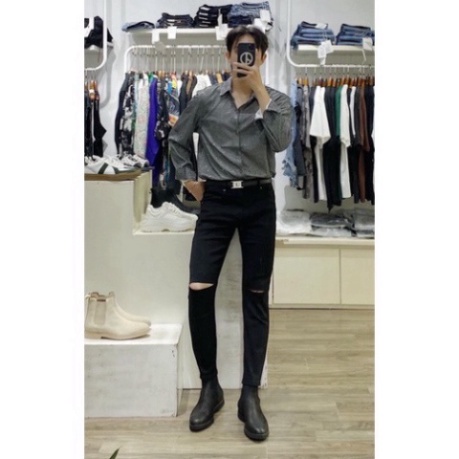 Quần Jean Dài Nam Rách Gối màu đen Chất Bò cao cấp co và giãn 4D đẹp tuyệt vời , From Dáng SkinnY | BigBuy360 - bigbuy360.vn