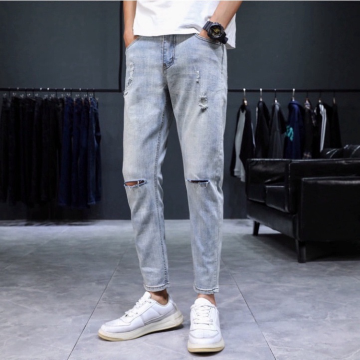 Quần Jeans Nam Xanh Trắng Rách Gối Chất Bò co và giãn korea  a256 a32 a124