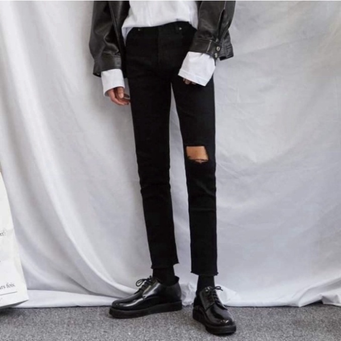 Quần Jean Dài Nam màu đen Rách Gối Ô Vuông tư thế MS119 a256 a32 a124