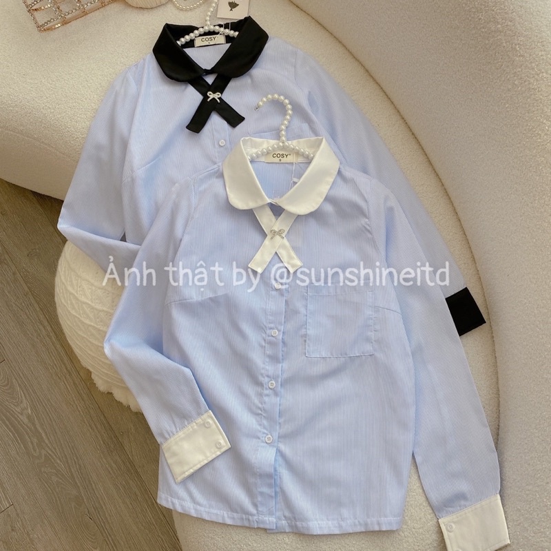 Set Áo Sơ Mi Xanh Cổ Sen Xanh Dương Có Túi Quần Ngắn Short Trắng Lưng Cao Thanh Lịch Đơn Giản