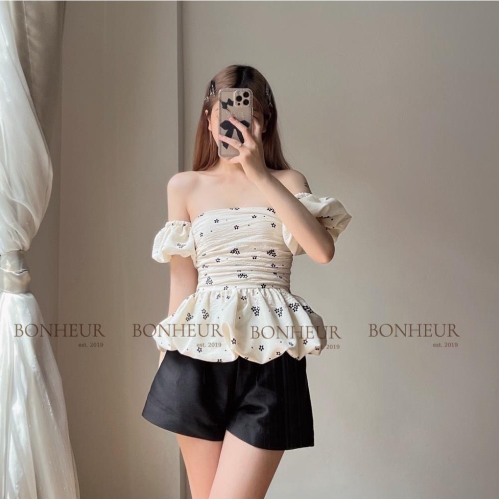 áo cúp bồng kèm tay trễ vai xoè dúm ngực phong cách tiểu thư vải đũi xốp Hàn thiết kế Bonheur Mina Top | BigBuy360 - bigbuy360.vn