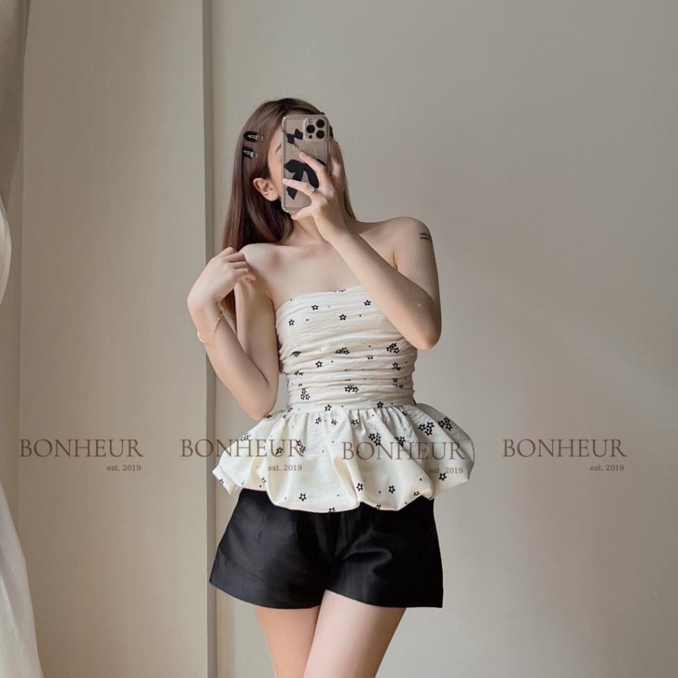 áo cúp bồng kèm tay trễ vai xoè dúm ngực phong cách tiểu thư vải đũi xốp Hàn thiết kế Bonheur Mina Top | BigBuy360 - bigbuy360.vn
