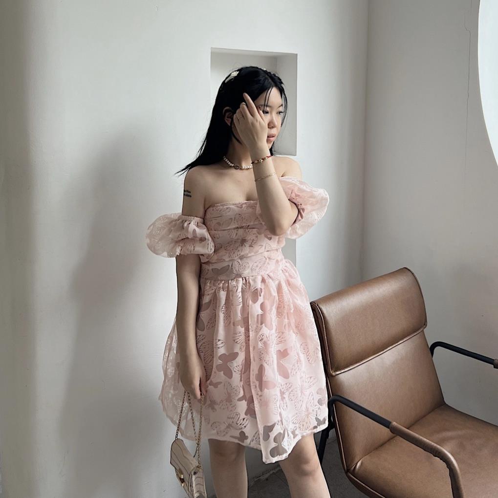 Váy cúp tay bồng trễ vai dúm ngực voan organza hồ điệp cao cấp tiểu thư thiết kế Bonheur Butter Dress