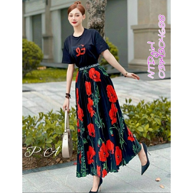 Hàng nhập - Set bộ nữ áo váy thun lụa dập li, sét đồ thời trang cổ tròn tay ngắn in hoa đỏ