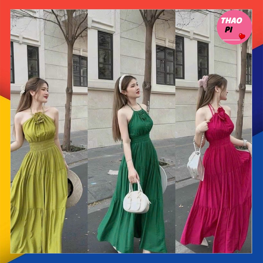 Đầm maxi đi biển đầm cổ yếm phối hoa siêu xinh hot hè
