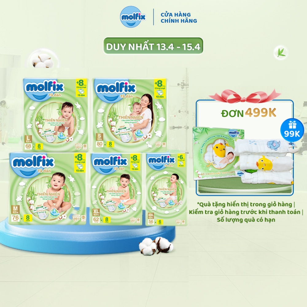 Tã dán thiên nhiên Molfix Super Jumbo S80/M76/L68/XL62/XXL56