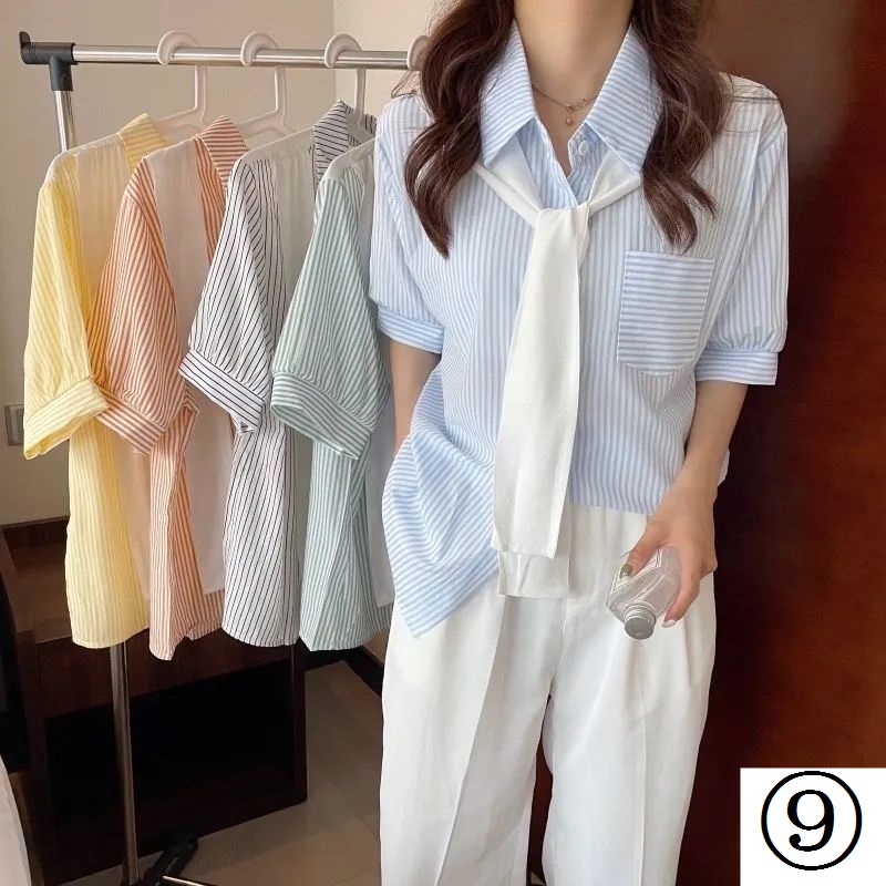 Áo Sơ Mi Ngắn Tay Họa Tiết Kẻ Sọc Kèm Khăn Choàng Giả Hai Mảnh Thời Trang Mùa Hè Kiểu Mới Cho Nữ