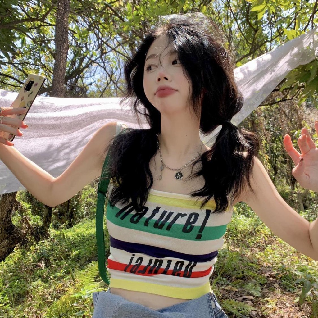 Áo Hai Dây Dáng Ngắn In Chữ Phong Cách Retro Thoải Mái Thời Trang Mùa Hè Cho Nữ