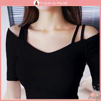 O S Mi N L A M Qu C Quy N Áo Thun Cotton Cổ Chữ V Tay Lửng Hở Vai Màu Đen Cho Nữ