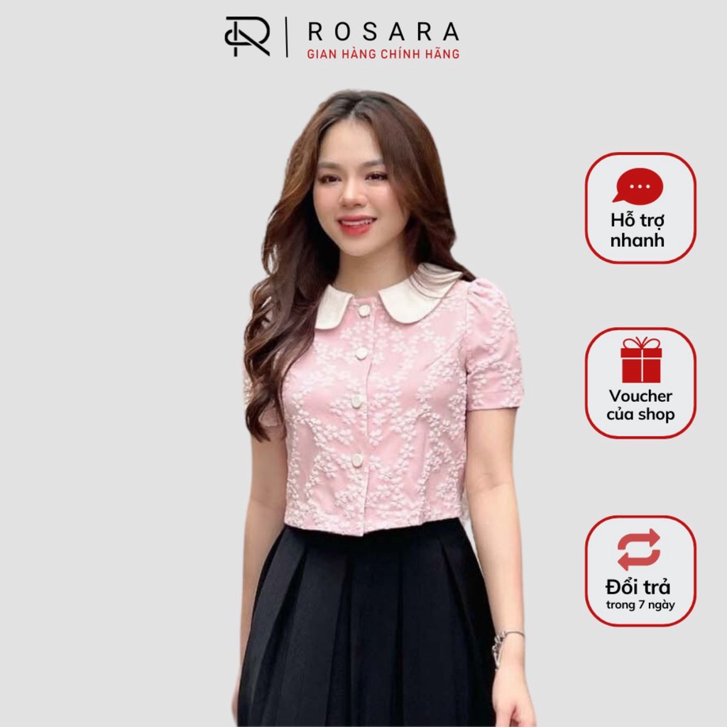 Áo Sơ Mi Hồng Ngắn Tay Họa Tiết Hoa Trắng Thời Trang Nữ Rosara SM86