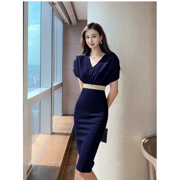 Đầm Ôm Kiểu Cổ V ,Váy Body Nữ Xếp Ly Tay Ngắn Cánh Dơi Phối Viền Eo Thun Poly Co Dãn Thích Hợp Đi Làm Đi Tiệc
