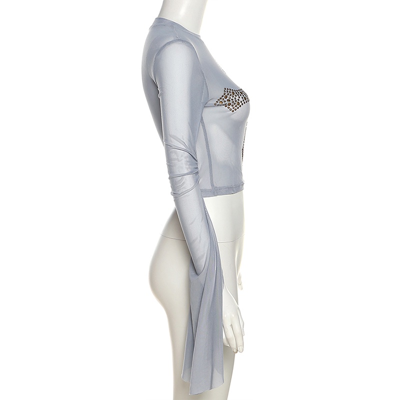 Áo Thun Lưới Tay Dài Cổ Tròn In Họa Tiết Thời Trang Dành Cho Nữ