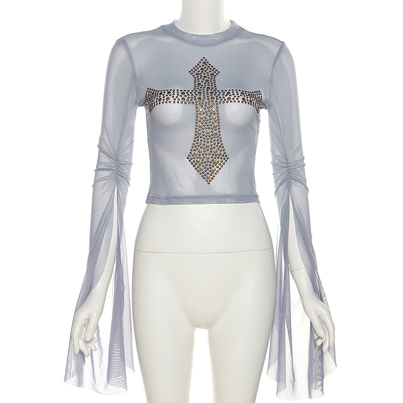 Áo Thun Lưới Tay Dài Cổ Tròn In Họa Tiết Thời Trang Dành Cho Nữ