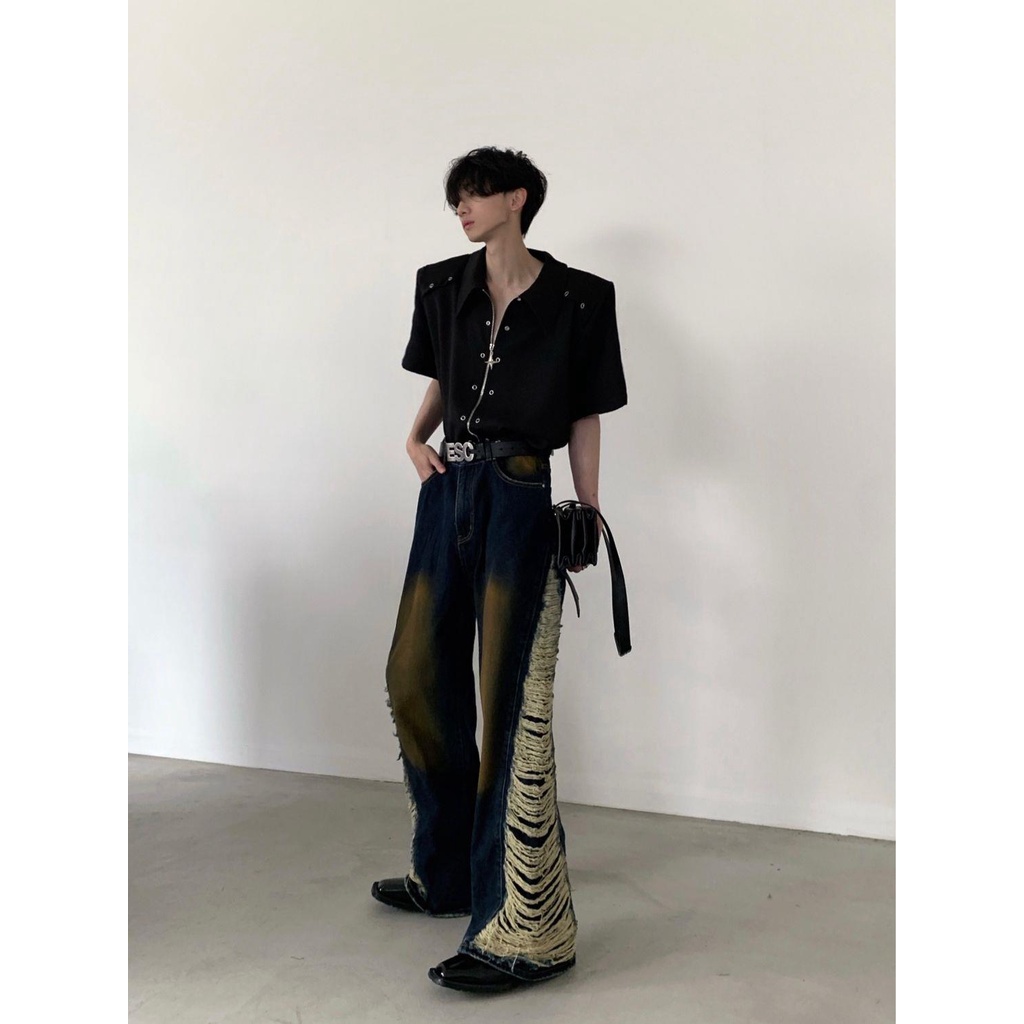 Akiyama Phong Cách / Niche Áo Sơ Mi Tay Ngắn Dáng Rộng Có Đệm Vai Khóa Kéo Kim Loại Thiết Kế Công Trường Cao Cấp Cho Nam