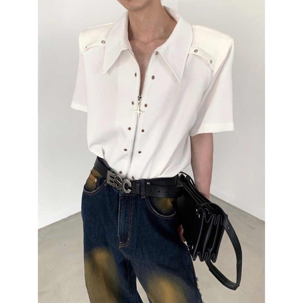 Akiyama Phong Cách / Niche Áo Sơ Mi Tay Ngắn Dáng Rộng Có Đệm Vai Khóa Kéo Kim Loại Thiết Kế Công Trường Cao Cấp Cho Nam