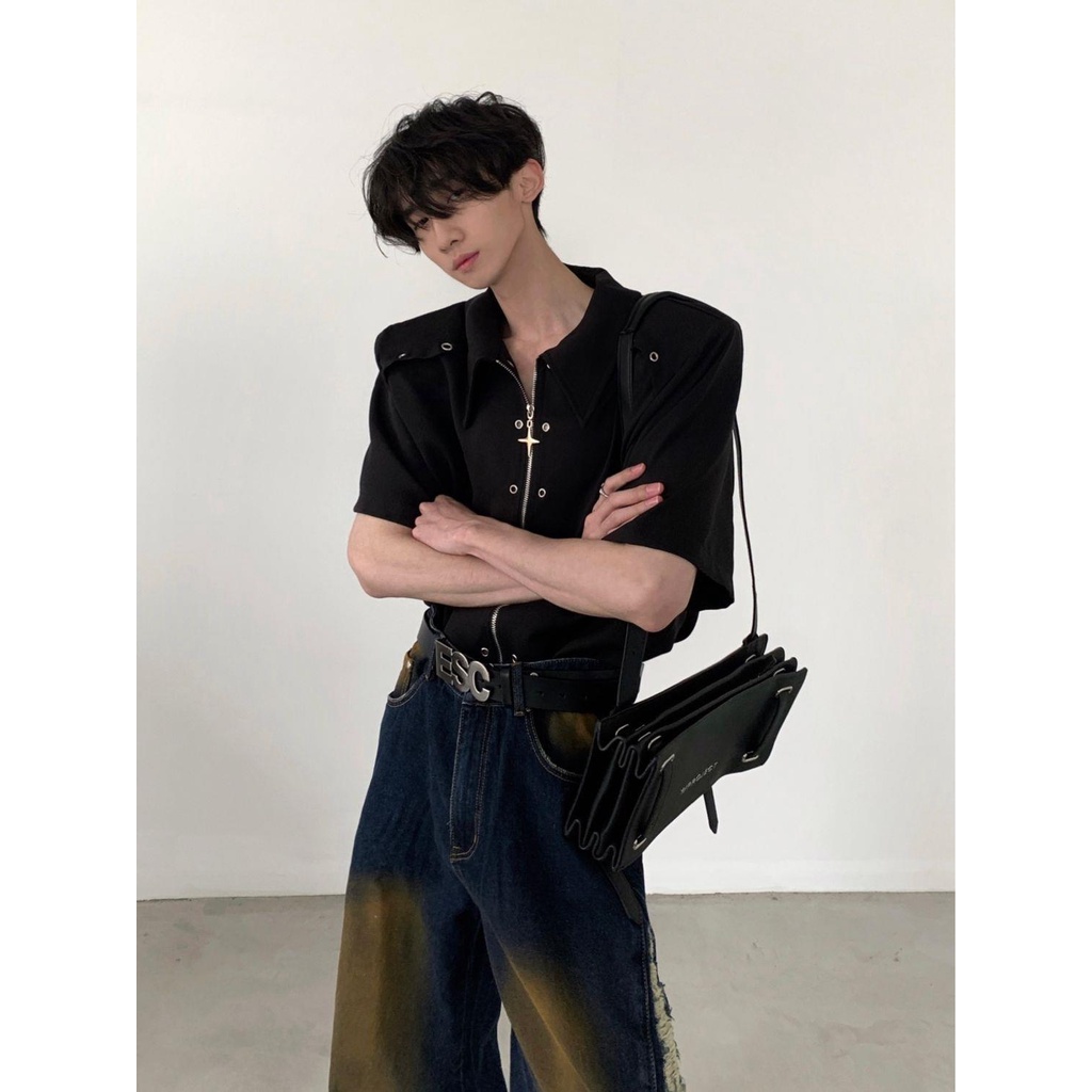 Akiyama Phong Cách / Niche Áo Sơ Mi Tay Ngắn Dáng Rộng Có Đệm Vai Khóa Kéo Kim Loại Thiết Kế Công Trường Cao Cấp Cho Nam