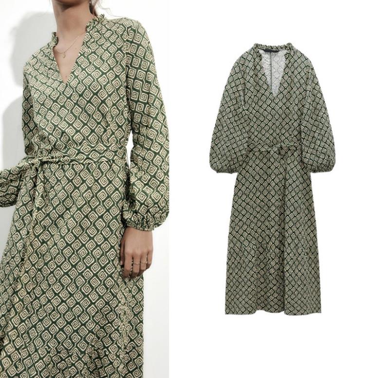 Đầm Zara In Họa Tiết Hình Học Phối Thắt Lưng Kiểu VINTAGE KAS50