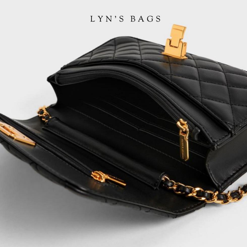 Quilted Push Lock Clutch Túi Trám Đen Trắng Thanh Lịch